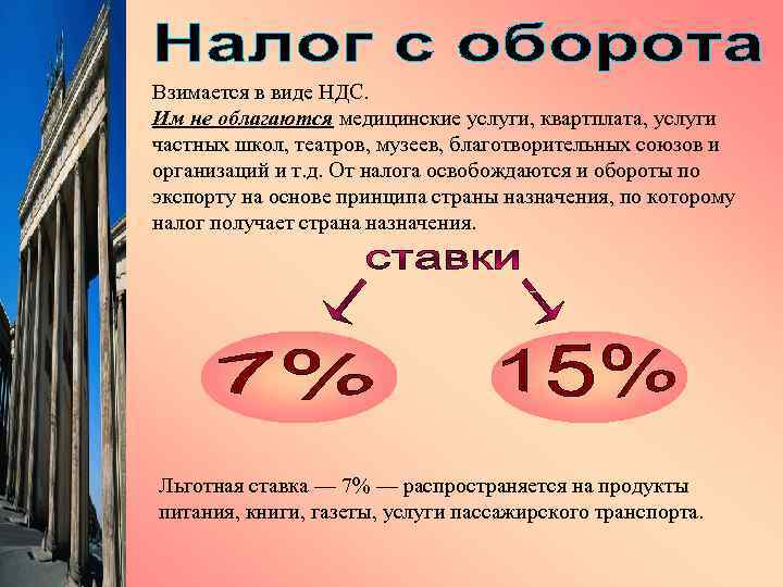 Взимается в виде НДС. Им не облагаются медицинские услуги, квартплата, услуги частных школ, театров,