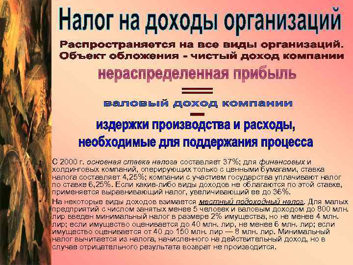  • • С 2000 г. основная ставка налога составляет 37%; для финансовых и