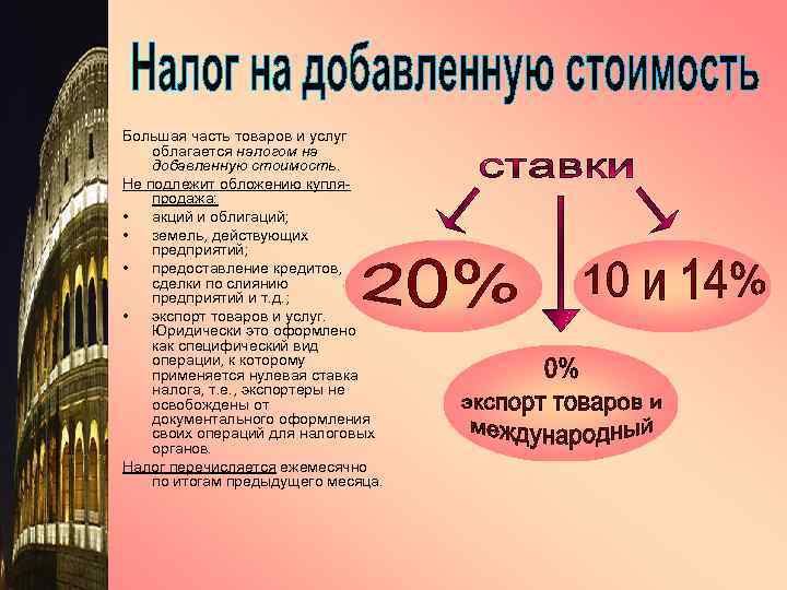 Большая часть товаров и услуг облагается налогом на добавленную стоимость. Не подлежит обложению купля