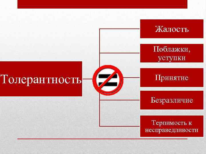 Жалость Поблажки, уступки Толерантность Принятие Безразличие Терпимость к несправедливости 