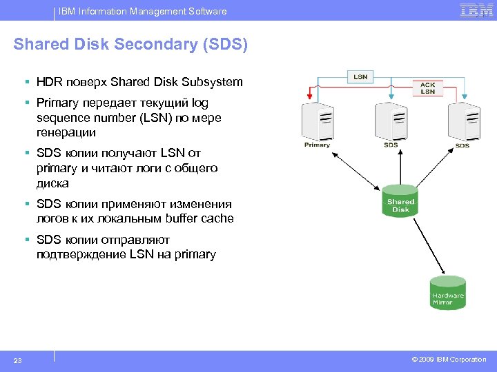 IBM Information Management Software Shared Disk Secondary (SDS) § HDR поверх Shared Disk Subsystem