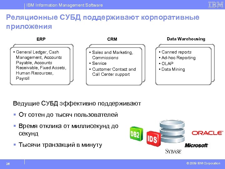 IBM Information Management Software Реляционные СУБД поддерживают корпоративные приложения ERP CRM • General Ledger,