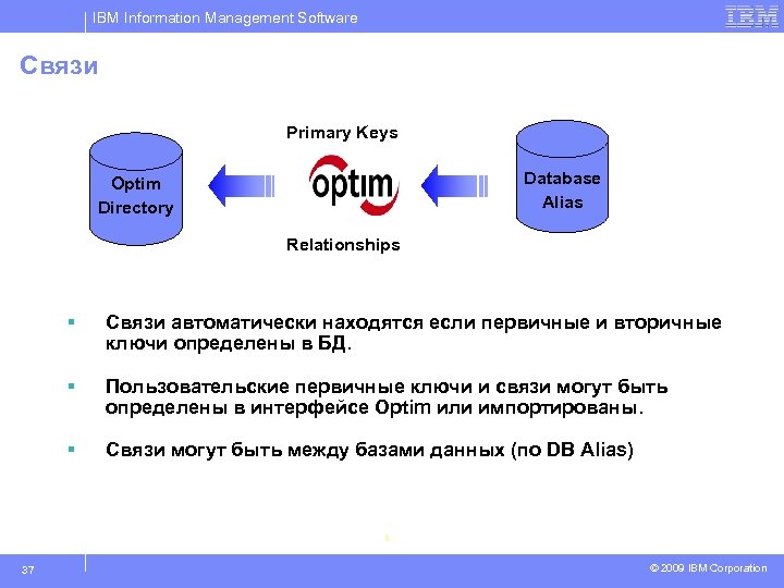 IBM Information Management Software Связи Primary Keys Database Alias Optim Directory Relationships § §