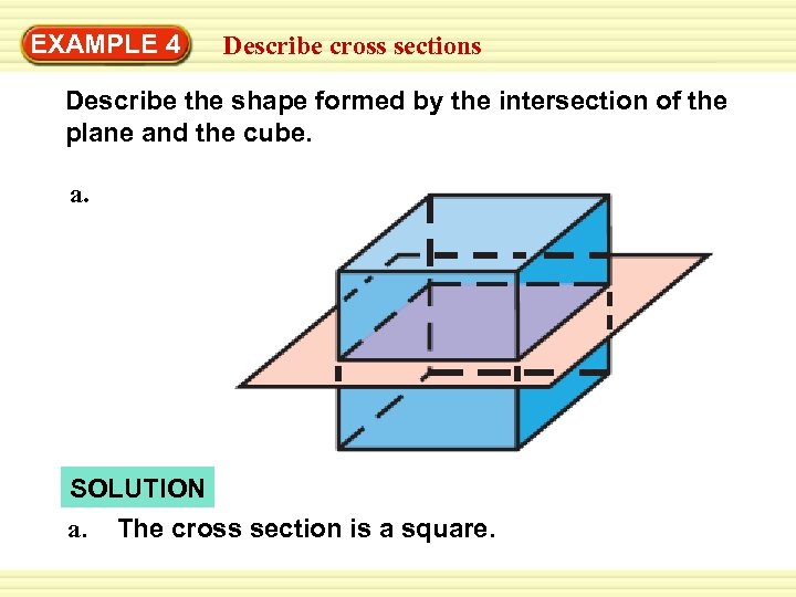Warm-Up EXAMPLE 4 Exercises cross sections Describe the shape formed by the intersection of