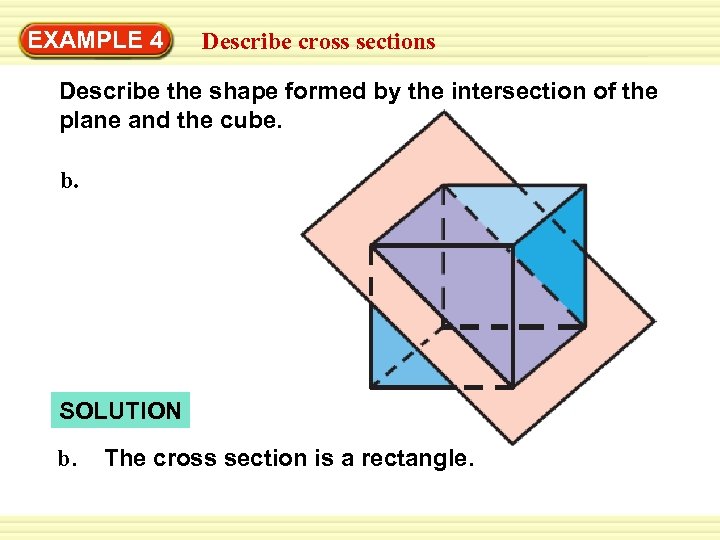 Warm-Up EXAMPLE 4 Exercises cross sections Describe the shape formed by the intersection of