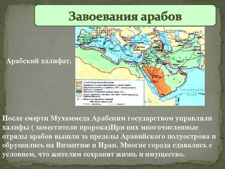 Завоевания арабов Арабский халифат. После смерти Мухаммеда Арабским государством управляли халифы ( заместители пророка)При