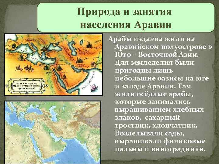 Природа и занятия населения Аравии Арабы издавна жили на Аравийском полуострове в Юго –