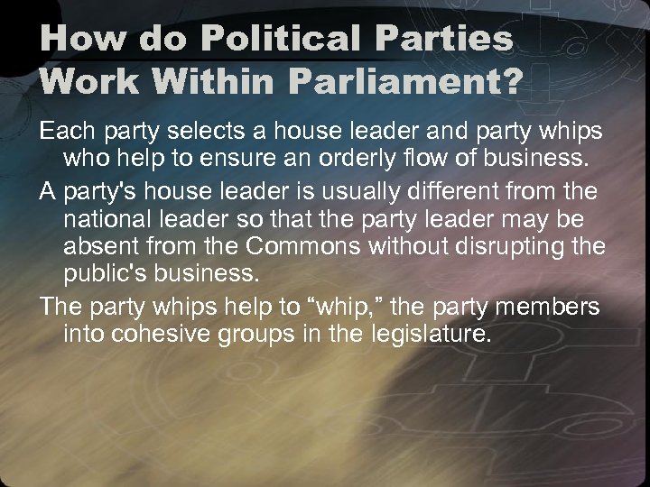 How do Political Parties Work Within Parliament? Each party selects a house leader and