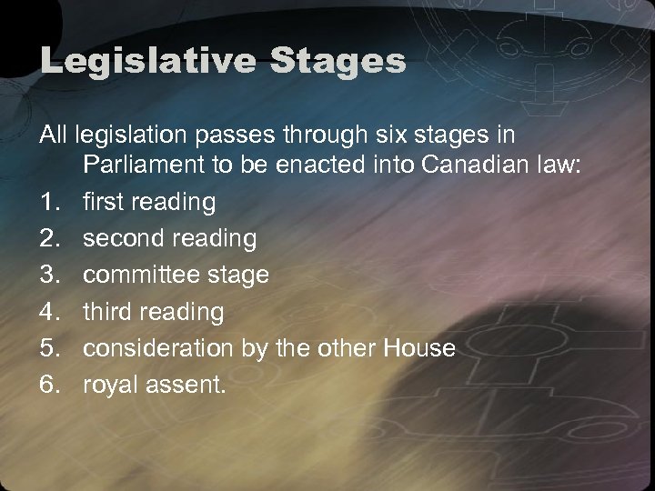 Legislative Stages All legislation passes through six stages in Parliament to be enacted into