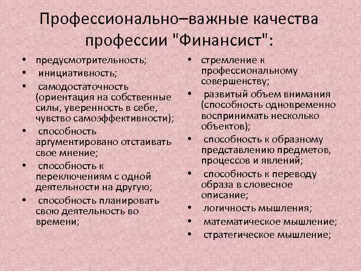 Профессионально–важные качества профессии 