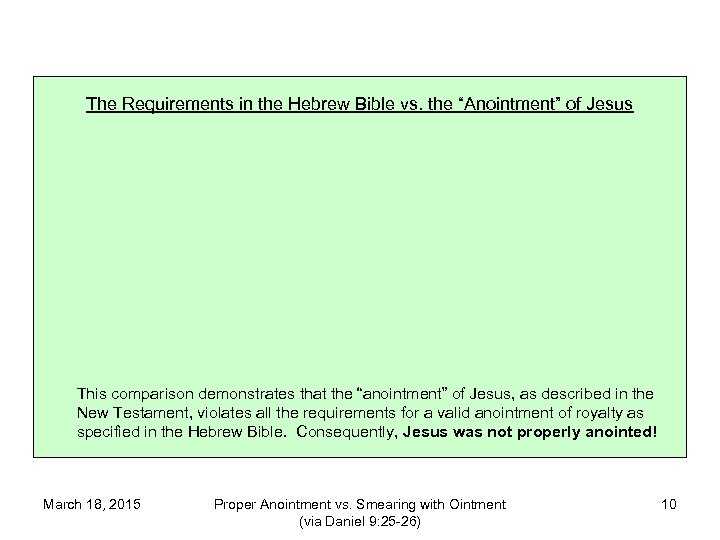 The Requirements in the Hebrew Bible vs. the “Anointment” of Jesus This comparison demonstrates