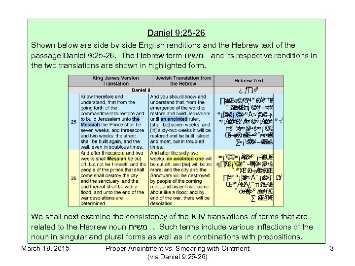 Daniel 9: 25 -26 Shown below are side-by-side English renditions and the Hebrew text