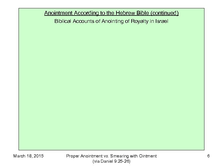 Anointment According to the Hebrew Bible (continued) Biblical Accounts of Anointing of Royalty in