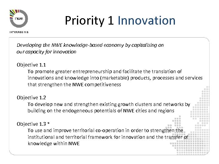 Priority 1 Innovation Developing the NWE knowledge-based economy by capitalising on our capacity for