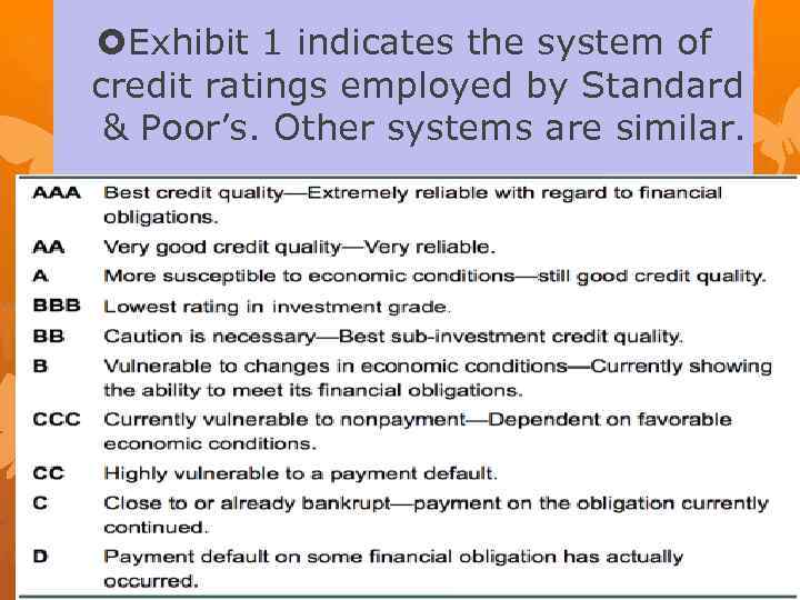  Exhibit 1 indicates the system of credit ratings employed by Standard & Poor’s.