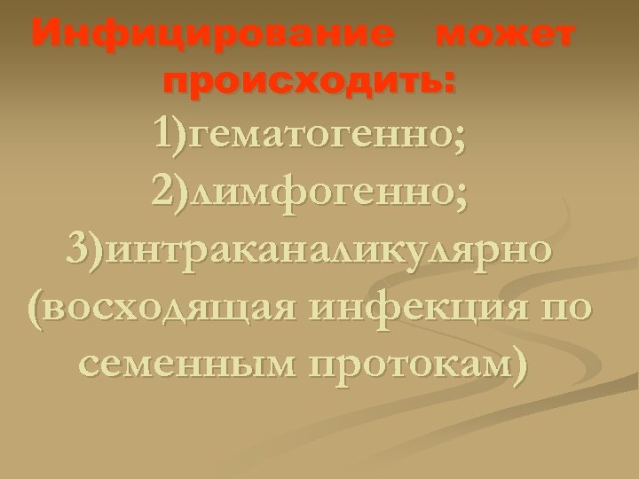 Инфицирование может происходить: 1)гематогенно; 2)лимфогенно; 3)интраканаликулярно (восходящая инфекция по семенным протокам) 