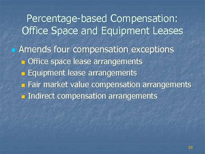 Percentage-based Compensation: Office Space and Equipment Leases n Amends four compensation exceptions Office space