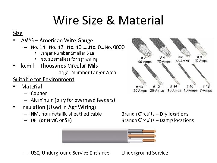 Wire Size & Material Size • AWG – American Wire Gauge – No. 14