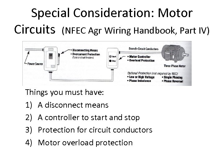 Special Consideration: Motor Circuits (NFEC Agr Wiring Handbook, Part IV) Things you must have: