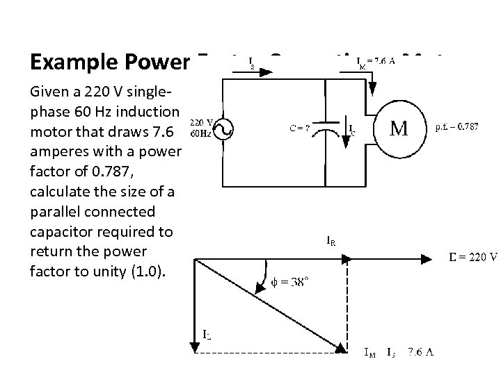 Example Power Factor Correction – Motor Given a 220 V singlephase 60 Hz induction