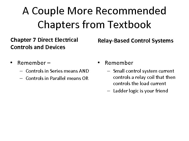 A Couple More Recommended Chapters from Textbook Chapter 7 Direct Electrical Controls and Devices