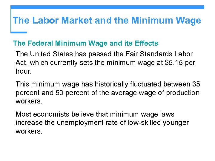 The Labor Market and the Minimum Wage The Federal Minimum Wage and its Effects
