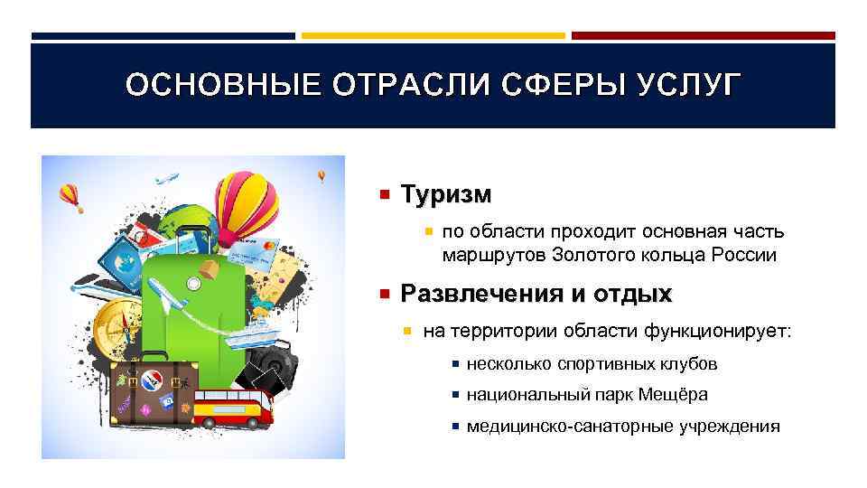 ОСНОВНЫЕ ОТРАСЛИ СФЕРЫ УСЛУГ Туризм по области проходит основная часть маршрутов Золотого кольца России
