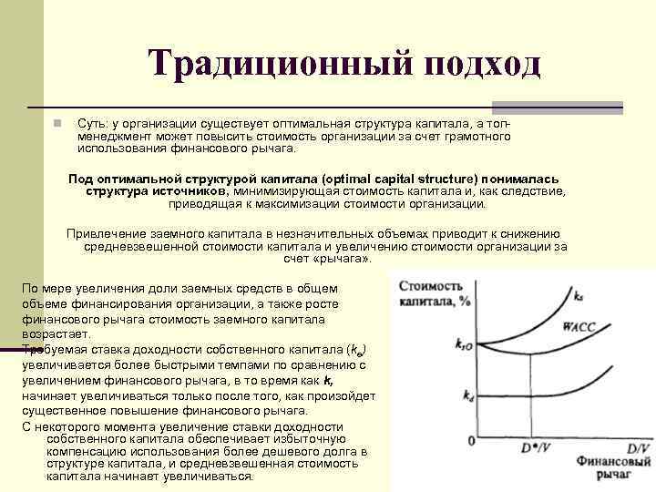 Традиционный подход n Суть: у организации существует оптимальная структура капитала, а топ менеджмент может