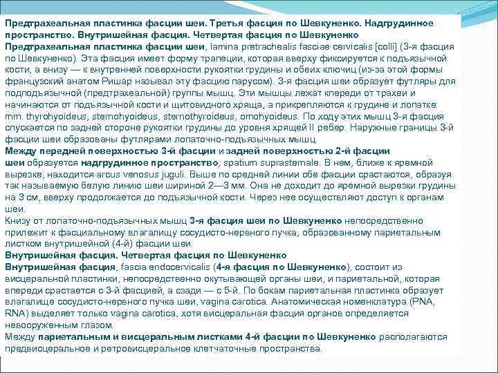 Предтрахеальная пластинка фасции шеи. Третья фасция по Шевкуненко. Надгрудинное пространство. Внутришейная фасция. Четвертая фасция