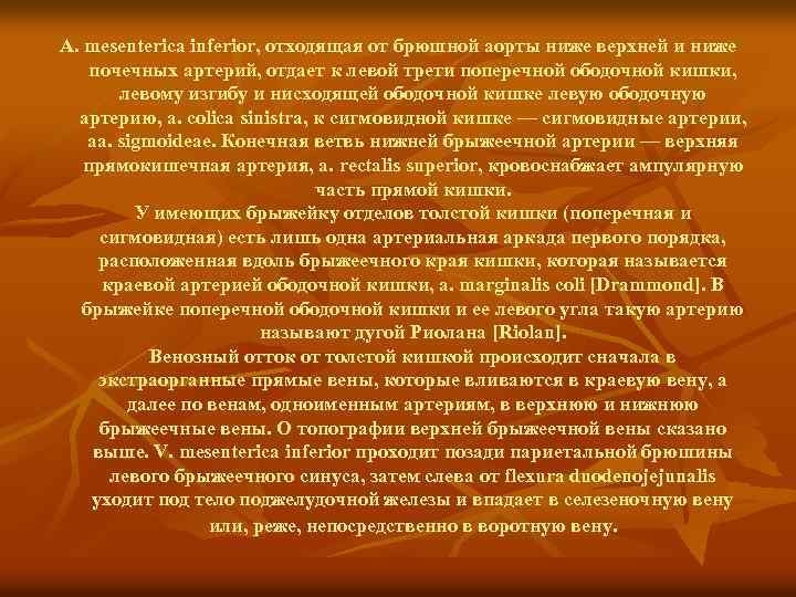 А. mesenterica inferior, отходящая от брюшной аорты ниже верхней и ниже почечных артерий, отдает