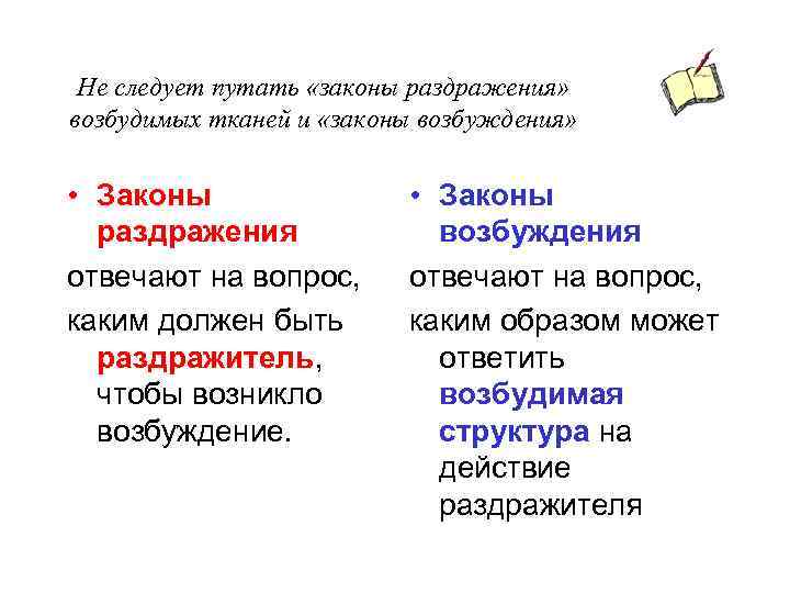 Не следует путать «законы раздражения» возбудимых тканей и «законы возбуждения» • Законы раздражения отвечают