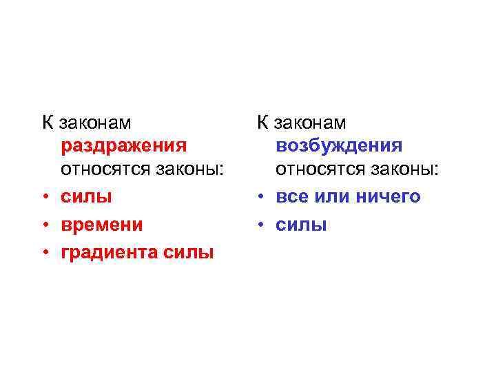 К законам раздражения относятся законы: • силы • времени • градиента силы К законам