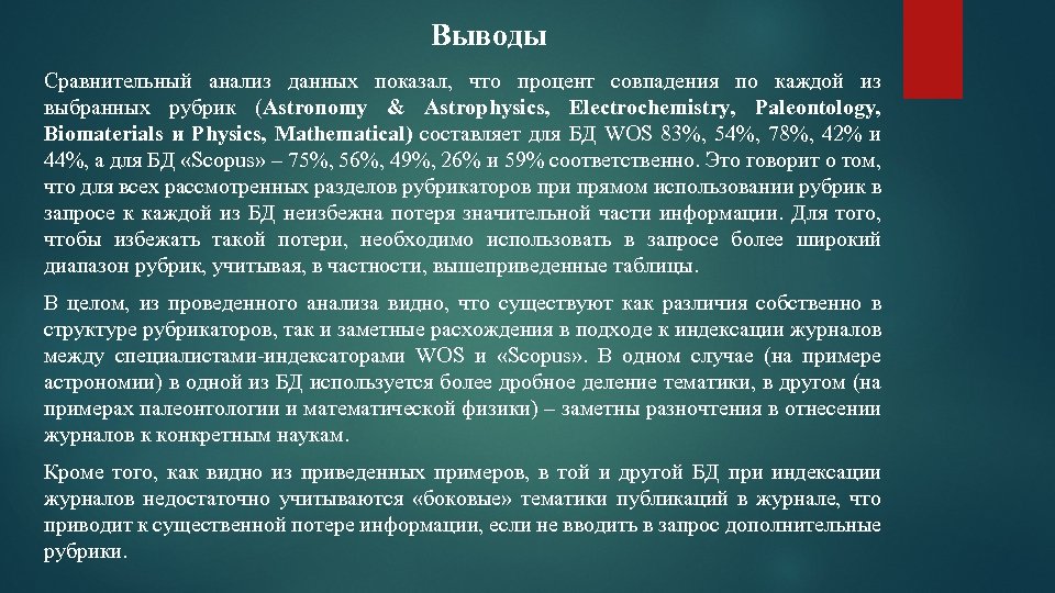 Выводы Сравнительный анализ данных показал, что процент совпадения по каждой из выбранных рубрик (Astronomy