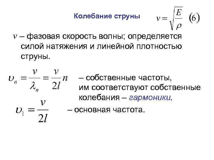 Колебание струны v – фазовая скорость волны; определяется силой натяжения и линейной плотностью струны.