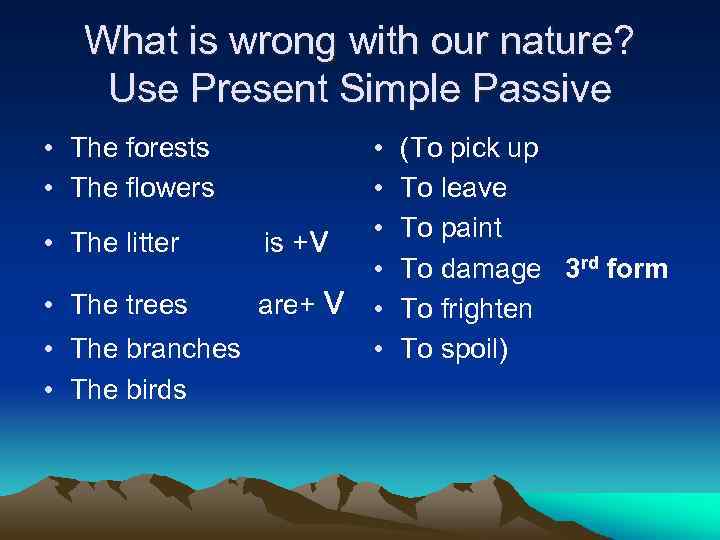 What is wrong with our nature? Use Present Simple Passive • The forests •