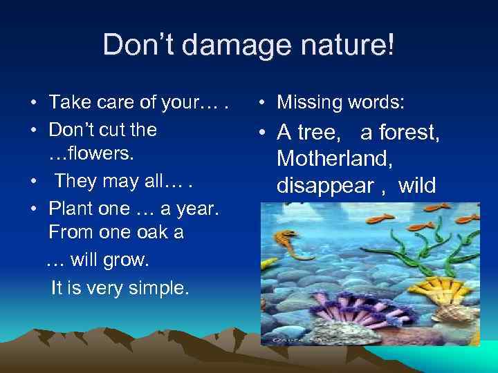 Don’t damage nature! • Take care of your…. • Don’t cut the …flowers. •