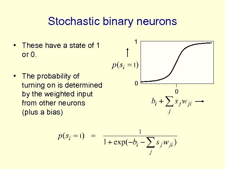 Stochastic binary neurons • These have a state of 1 or 0. • The