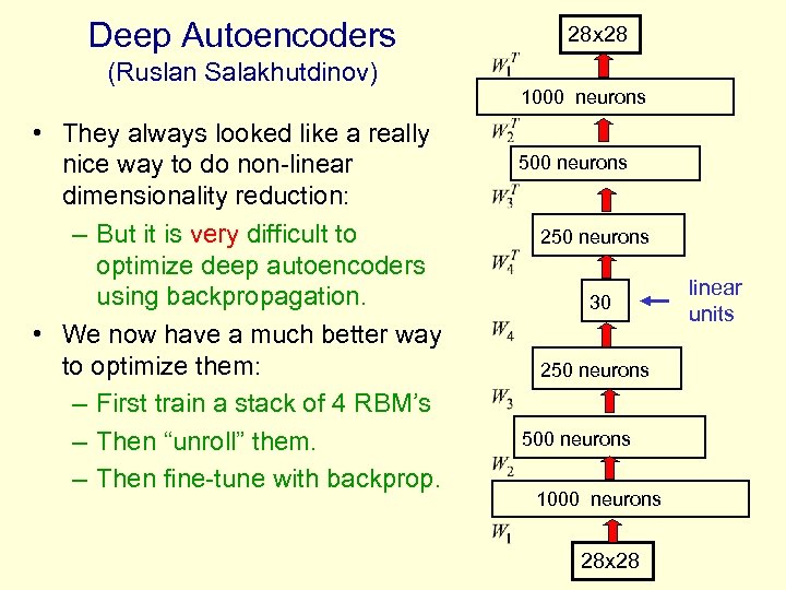 Deep Autoencoders (Ruslan Salakhutdinov) • They always looked like a really nice way to