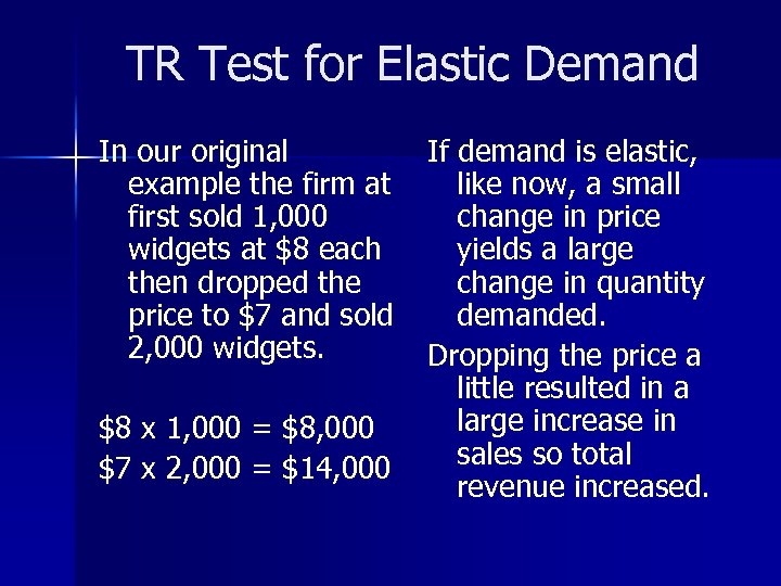 TR Test for Elastic Demand In our original example the firm at first sold