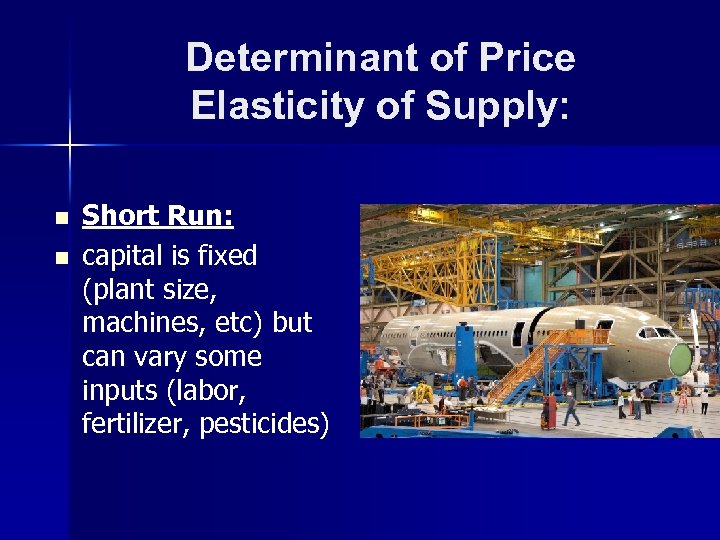 Determinant of Price Elasticity of Supply: n n Short Run: capital is fixed (plant