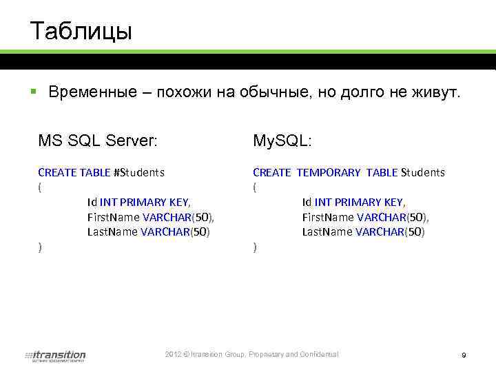 Таблицы § Временные – похожи на обычные, но долго не живут. MS SQL Server: