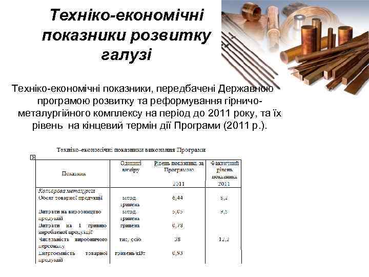 Техніко-економічні показники розвитку галузі Техніко-економічні показники, передбачені Державною програмою розвитку та реформування гірничометалургійного комплексу