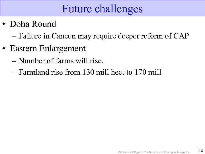 Future challenges • Doha Round – Failure in Cancun may require deeper reform of