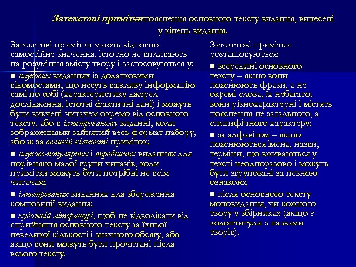 Затекстові примітки пояснення основного тексту видання, винесені – у кінець видання. Затекстові примітки мають