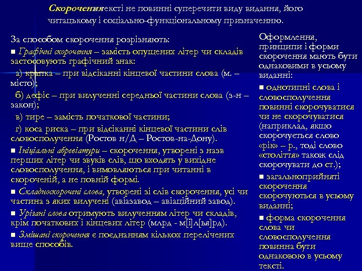 Скорочення в тексті не повинні суперечити виду видання, його читацькому і соціально-функціональному призначенню. За