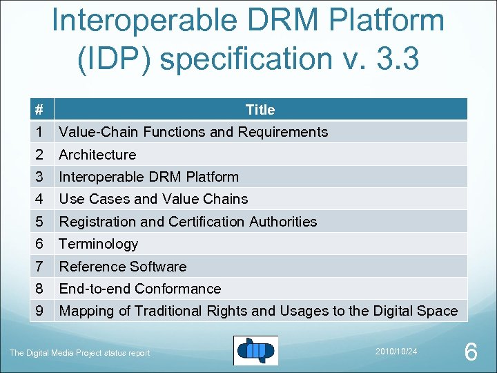 Interoperable DRM Platform (IDP) specification v. 3. 3 # Title 1 Value-Chain Functions and