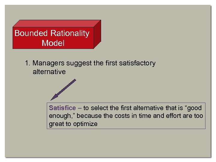 Bounded Rationality Model 1. Managers suggest the first satisfactory alternative Satisfice – to select