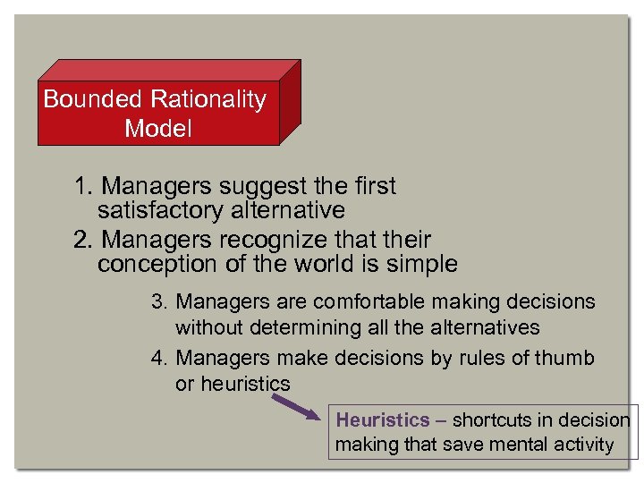 Bounded Rationality Model 1. Managers suggest the first satisfactory alternative 2. Managers recognize that
