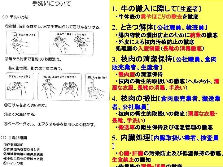 1．牛の搬入に際して〔生産者〕 　・牛体表の糞やほこりの除去を徹底 2．とさつ解体〔公社職員、検査員〕 　・腸内容物の漏出防止のために結紮の徹底 　・外皮による枝肉汚染防止の徹底 　処理室の入室制限（長靴の消毒徹底） 3．枝肉の清潔保持〔公社職員、食肉 販売業者、生産者〕 　・懸肉室の清潔保持 　・枝肉の衛生的取扱いの徹底（ヘルメット、清 潔な衣服、長靴の消毒、手洗い） 4．枝肉の搬出〔食肉販売業者、搬送業 者、公社職員〕 　・枝肉の衛生的取扱いの徹底（清潔な衣服・