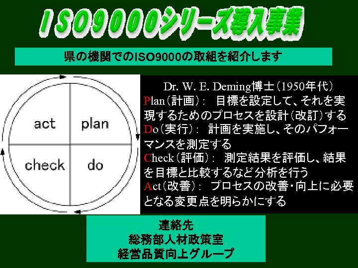県の機関でのISO 9000の取組を紹介します 　三重県では、「県民が主役の県政」を目指し、効率的で質の高い行 Dr. W. E. Deming博士（1950年代） 政サービスの提供等を図るため、一部の県機関でISO 9000シリー Plan（計画）：　目標を設定して、それを実 ズの認証取得に取り組んでいます。 現するためのプロセスを設計（改訂）する Do（実行）：　計画を実施し、そのパフォー 　この取組は、ISO